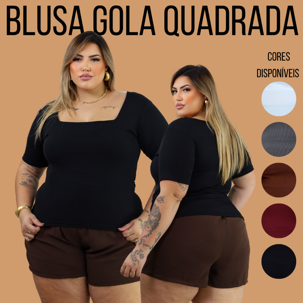 Blusa Decote Quadrado Plus Size Manga Alongada Veste 46 ao 52 Ribana Moda Feminina Tendência Verão - Women Clothes