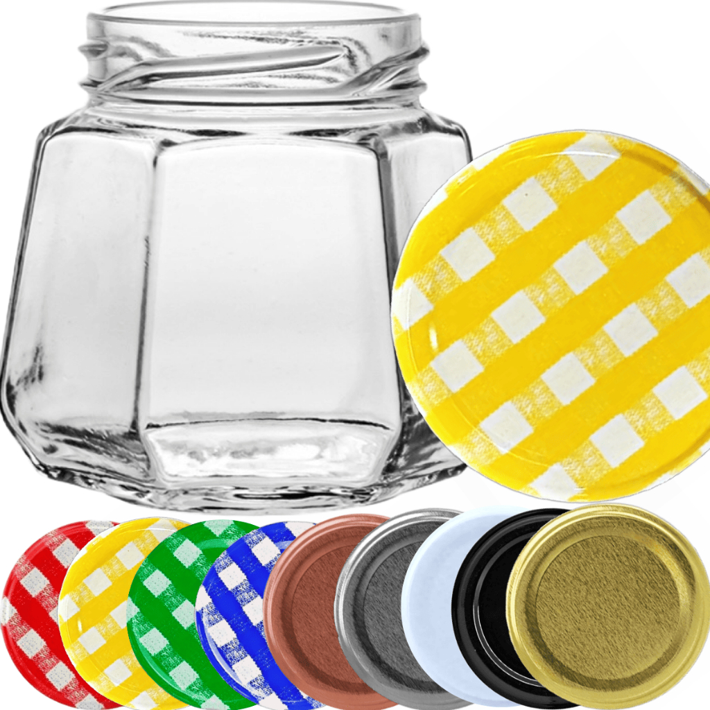 Kit de Potes de Vidro Sextavado 230ml Geleias Conserva Tempero Pimenta Molho - Cx c/ 4 a 24 un