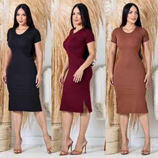 Vestido Midi Manga Curta Com Fenda Lateral Canelado Feminino P ao GG em Oferta na Shopee