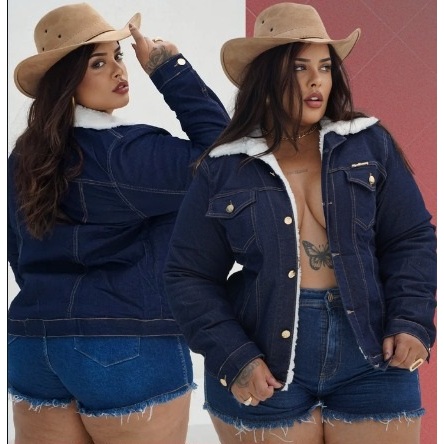 PLUS SIZE Jaqueta Jeans Plus Size Feminina Forrada Casaco Quentinho Inverno Pelo Sintético Lycra