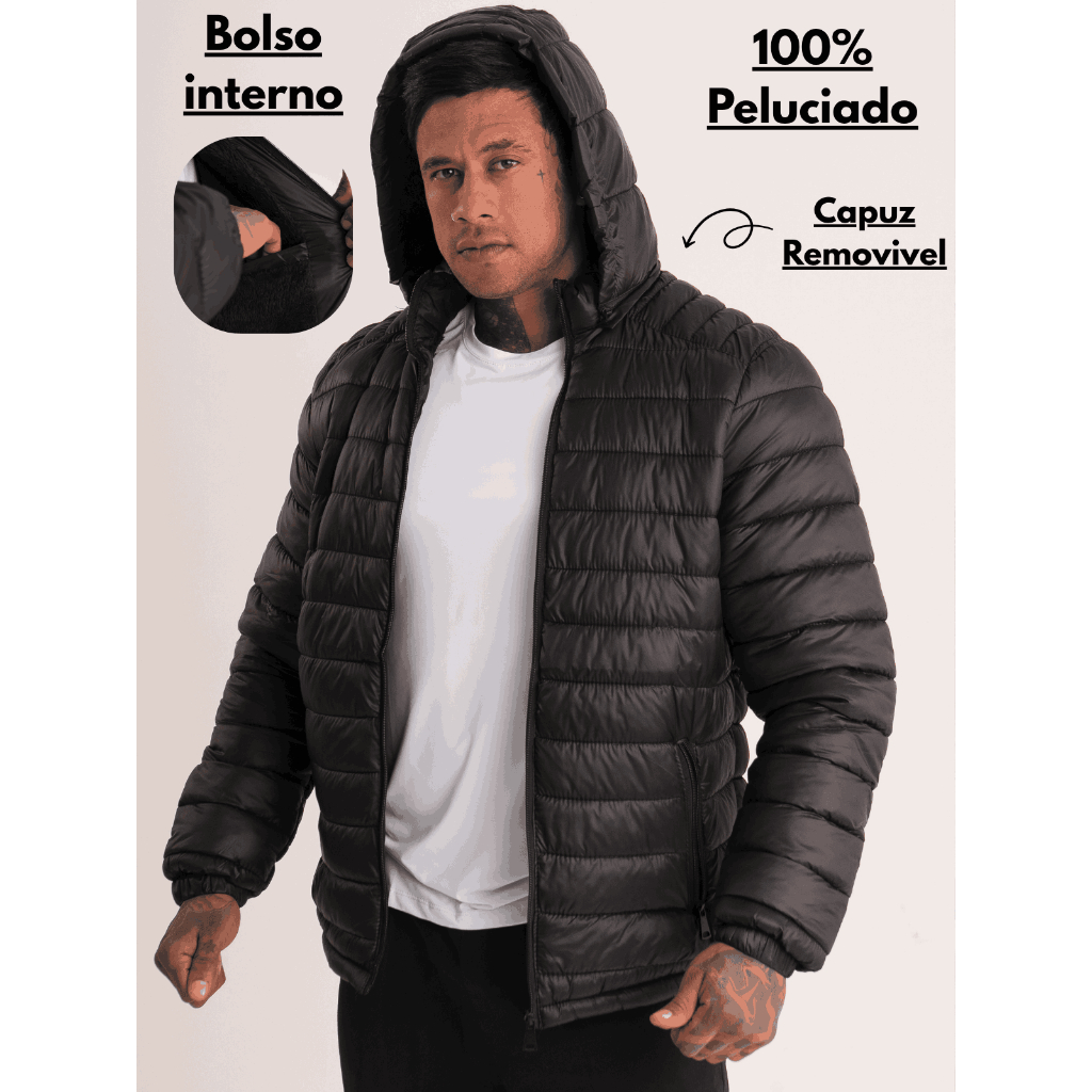 Jaqueta Masculina Peluciada Puffer Preto Forrada Repelente a água