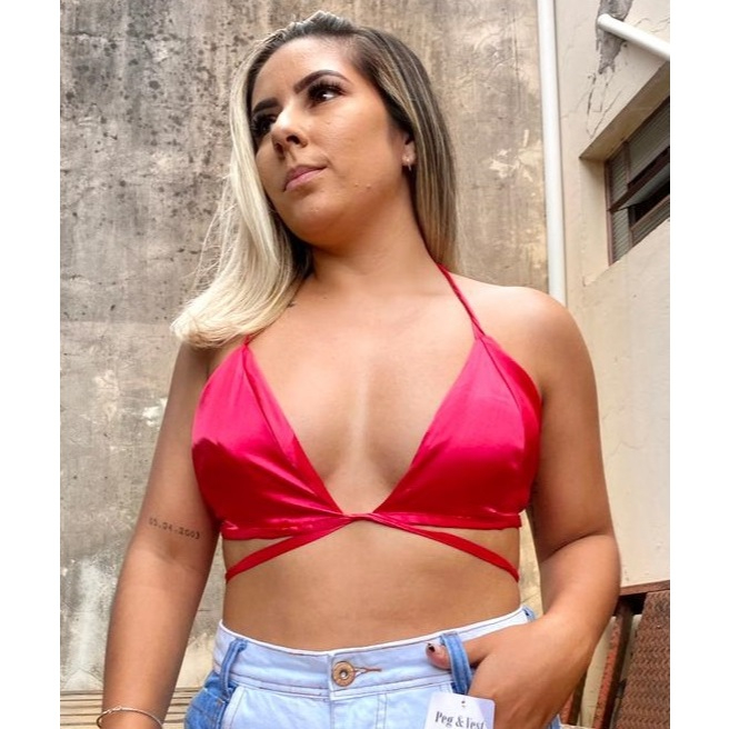 Top Cetim Amarração Pink Moda Blogueira Influencer