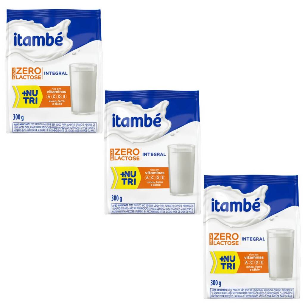 Leite em Pó Integral Instantâneo Zero Lactose Itambé 300g Ideal para Intolerantes Kit 3 unidades