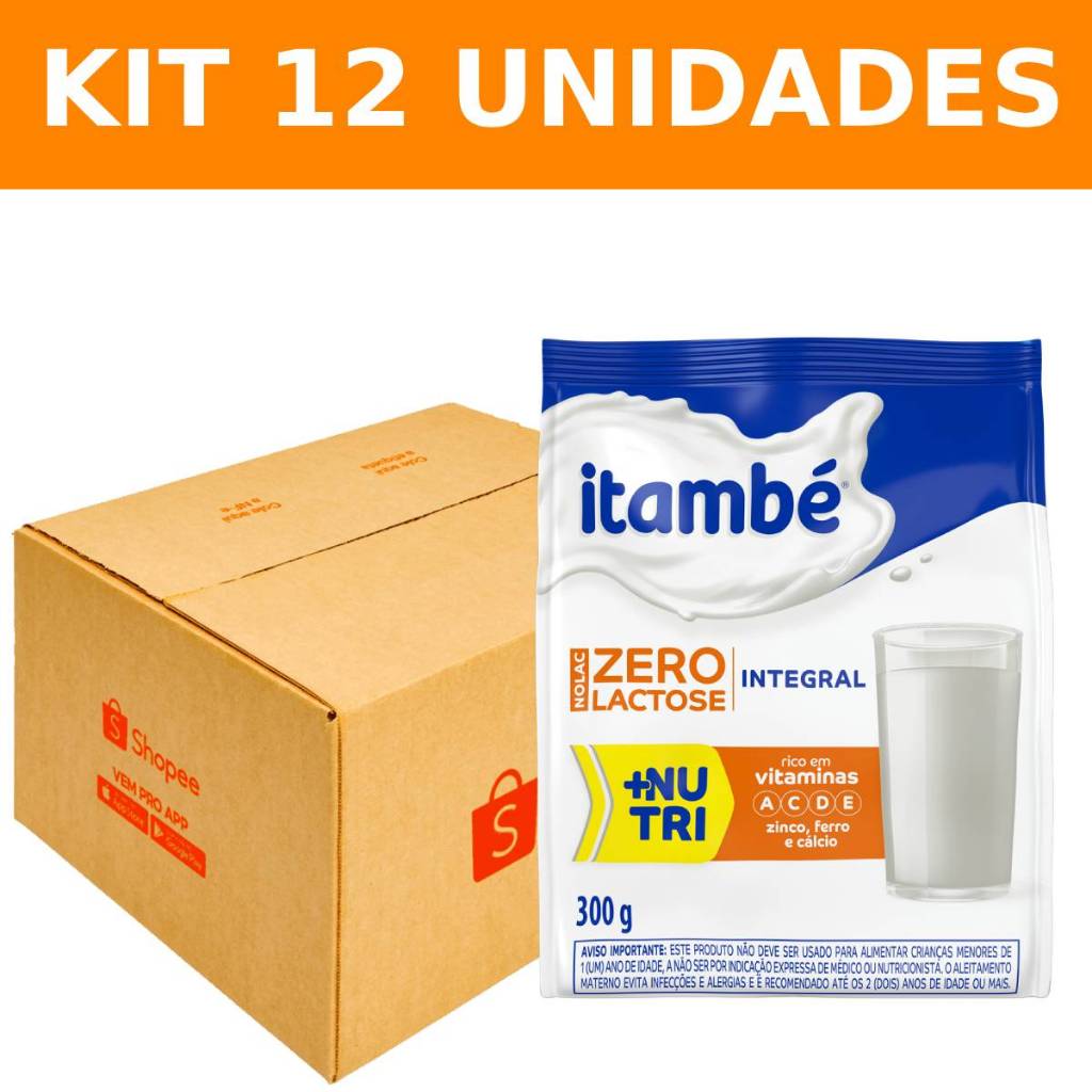Leite em Pó Integral Instantâneo Zero Lactose Itambé 300g Ideal para Intolerantes Kit 12 unidades