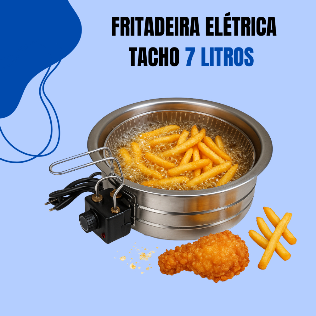 Fritadeira Elétrica Tacho 7 Litros em inox alumínio redonda Profissional fritura de batata pastel salgado