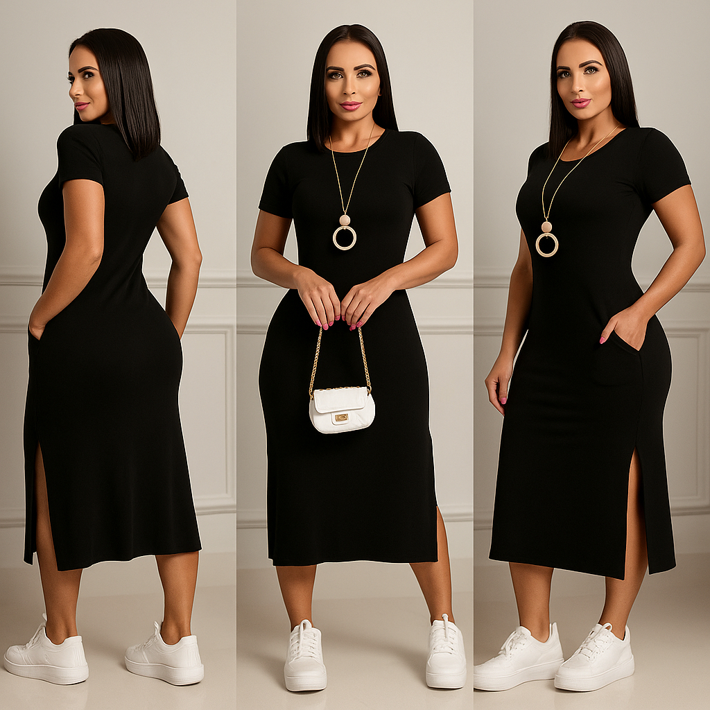 vestido mais vendidos midi casual moda feminina festa de bolso e fenda lateral modelo