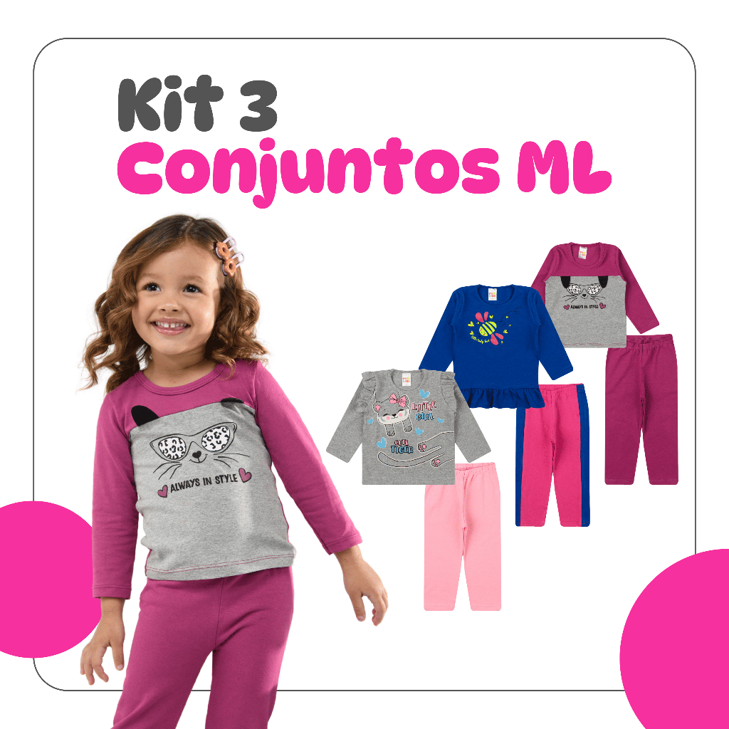 Kit 3 Conjuntos Feminino Inverno Sortidos 3 Blusas Manga Longa + 3 Leggings Menina Infantil Juvenil