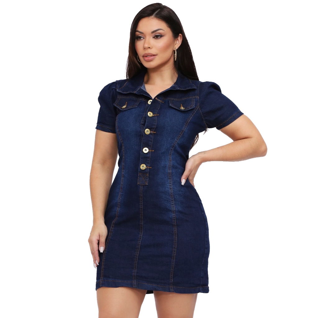 Vestido Jeans Feminino Com Mangas Bufantes e Lycra em Oferta na Shopee