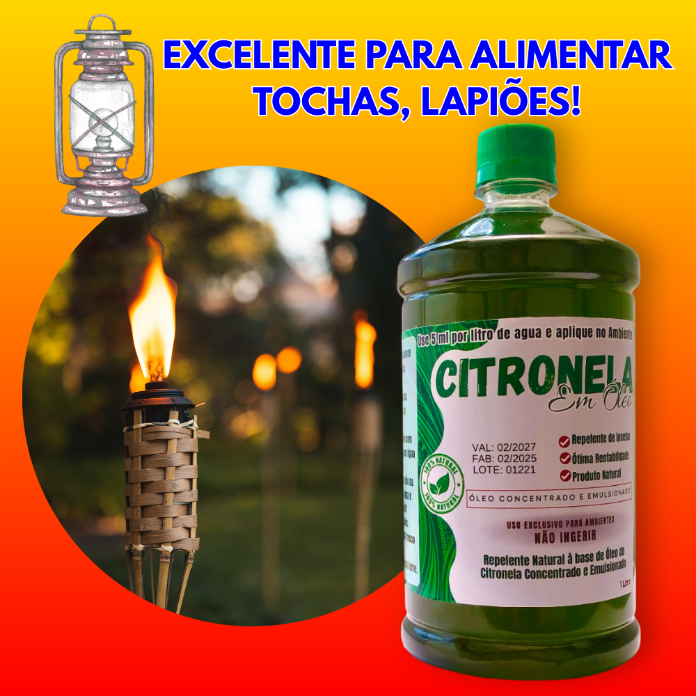 Kit Completo Óleo de Citronela 1L + mini Lamparina - Repelente Natural de Mosquitos em Area Externa