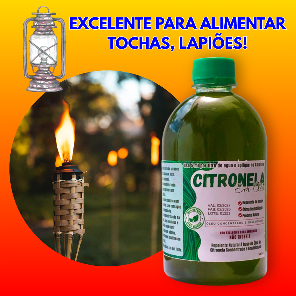 Kit Completo Óleo de Citronela 500ml + mini Lamparina de Brinde - Contra Mosquitos  Jardim e Varanda
