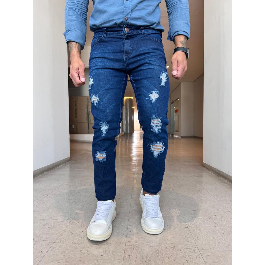 Calça Masculina Jeans Skinny Premium Lycra Elastano escura rasgada