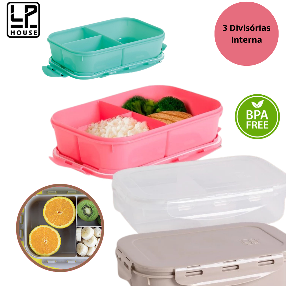 Marmita Plastica Hermetica C/Trava 3 Divisoria 1L Retangular N/ solta cheiro N/Vaza Congela LP HOUSE em Oferta na Shopee