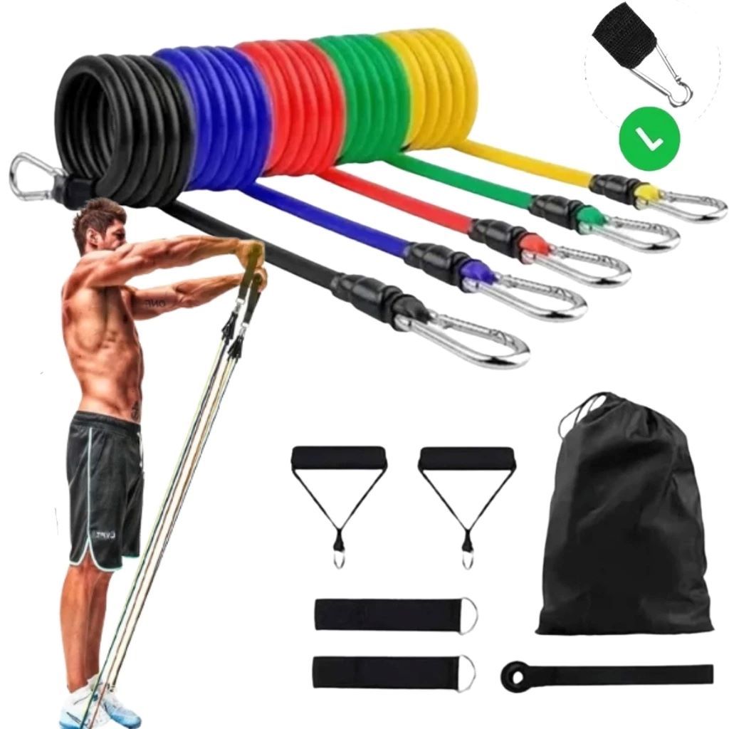 Kit Elastico Extensor 11 Peças Treino Academia Exercícios Musculação Yoga Pilates Em Casa