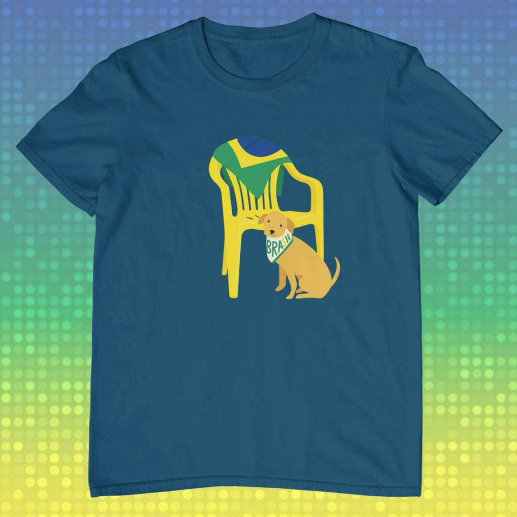 Blusa Copa do Mundo Bandeira do Brasil e Cachorro Caramelo Camiseta Unissex Várias Cores Futebol e Samba