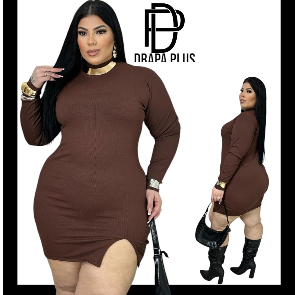 DRAPA PLUS - VESTIDO PLUS SIZE GOLA COM FENDA em Oferta na Shopee