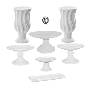 Kit Festa 2 Vaso Folha M, 2 Boleira 15x24cm, 1 Boleira pé relevo 13x24cm, 1 Boleira Oitavada e 1 Bandeja Retang sem pé