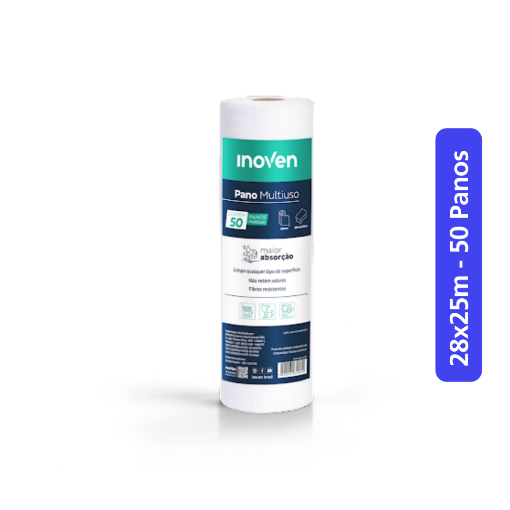 Pano de Limpeza Multiuso Branco Tipo Perfex 50 Panos de 28cm x 40cm- Rolo 25mts - Inoven