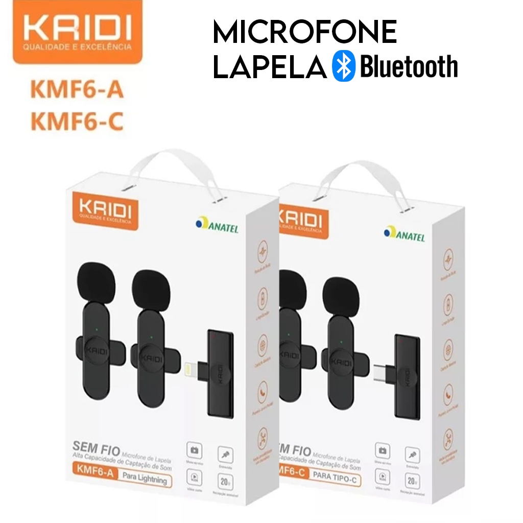 Microfone de Lapela Kaidi ORIGINAL KMF6-A KMF6-C Vlog Sem Fio Alta Definição Compatível IPhone e TIPO C