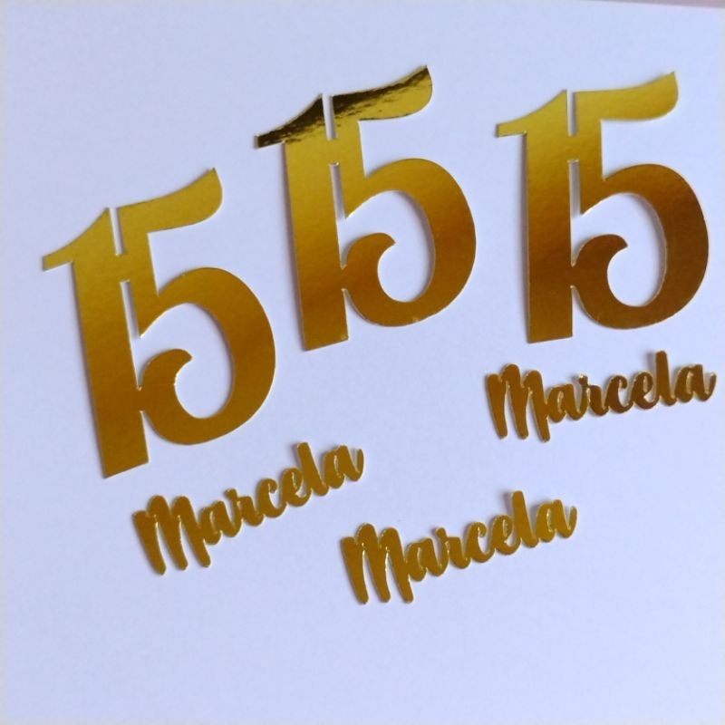 KIT 30/40/50/60/80/100 APLIQUES NOME + IDADE COM NÚMERO COMPOSTO DOURADO/PRATA PARA LEMBRANCINHA em Oferta na Shopee