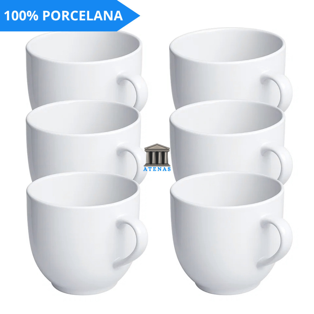 Jogo 6 3 Xicara Porcelana Branca Lisa Jogo Xícara Cha Cafe Leite 170ml Chicara Hotel Casa ...
