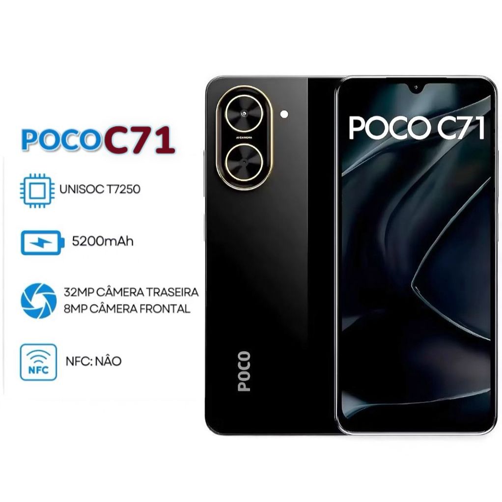 Celular Xiaomi Poco C71 64GB PRETO Dual Sim Tela 6,88! 120HZ Camera Dupla 32MP + Frontal 9...