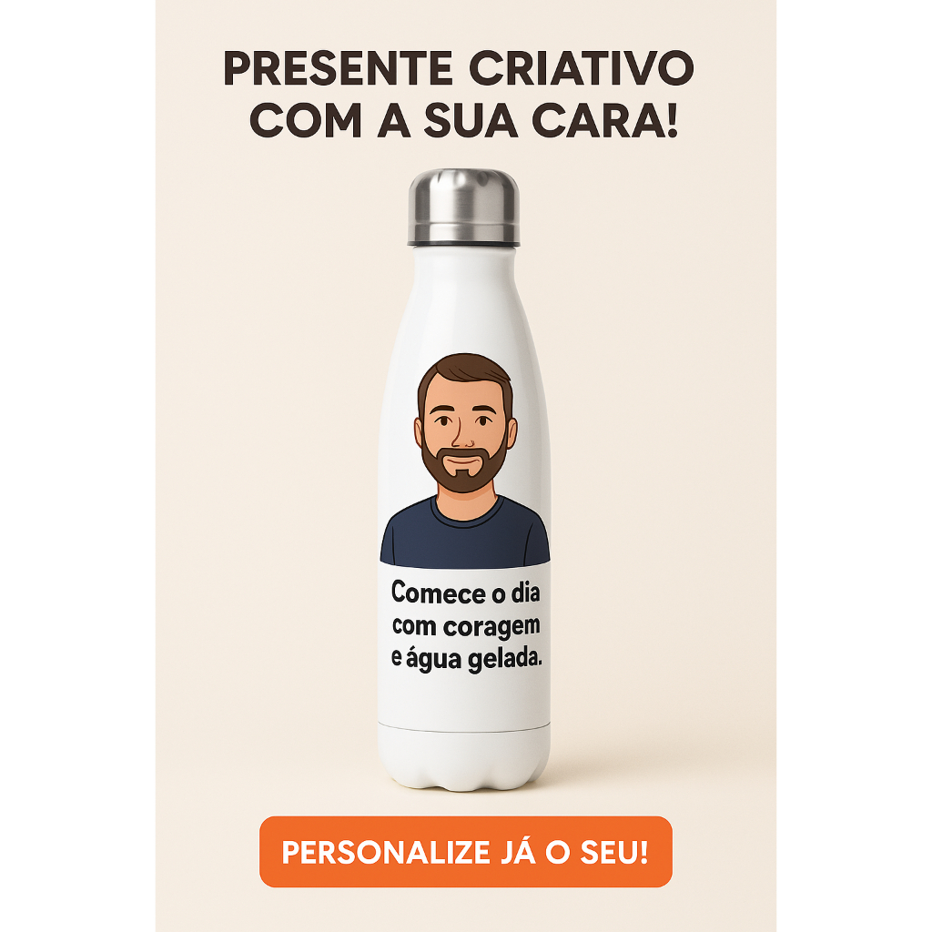 Garrafa Térmica Inox 700ml Personalizada com Caricatura e Frase | Presente Criativo Branca
