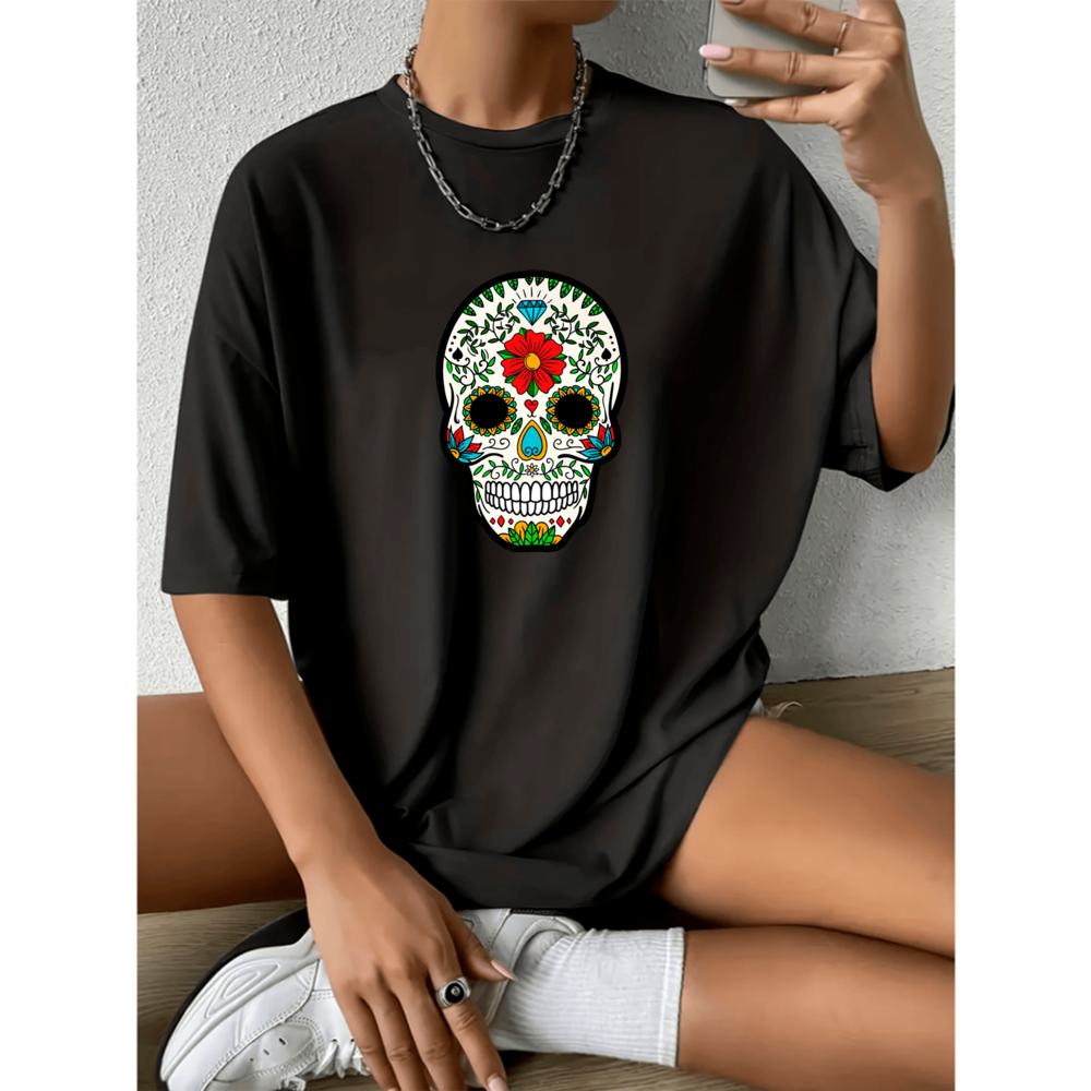 Camiseta Feminina Personalizada Oversized Streetwear Caveira Mexicana Gola Redonda 100% Algodão