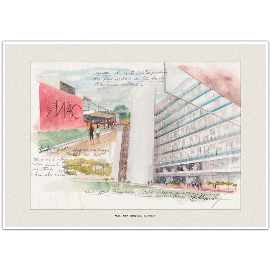 MAC USP Ibirapuera - São Paulo | Arte Aquarela para Quadro Decorativo | Decoração Elegante | A4