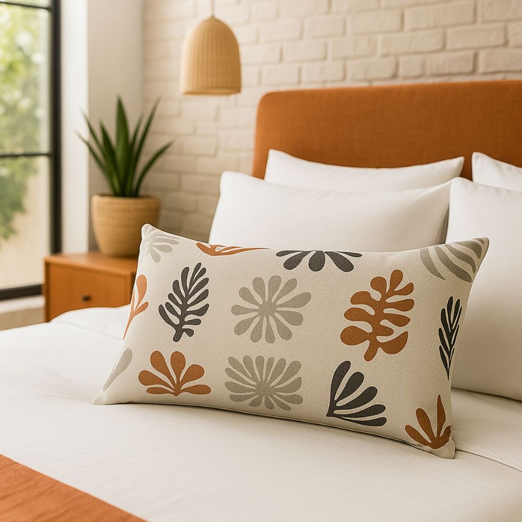 Capa de Almofada Retangular Decorativa Baguete Linho Boho Chic Moderna Folhagens Terracota 30x50cm