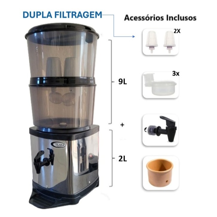 Filtro bebedouro de agua INOX 11 litros com + 2 Velas carvão ativado no reservatório em Oferta na Shopee