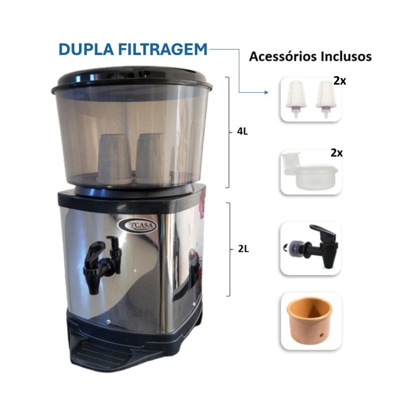 Filtro bebedouro de agua INOX 6,5 litros com + 2 Velas carvão ativado + 2 Boias