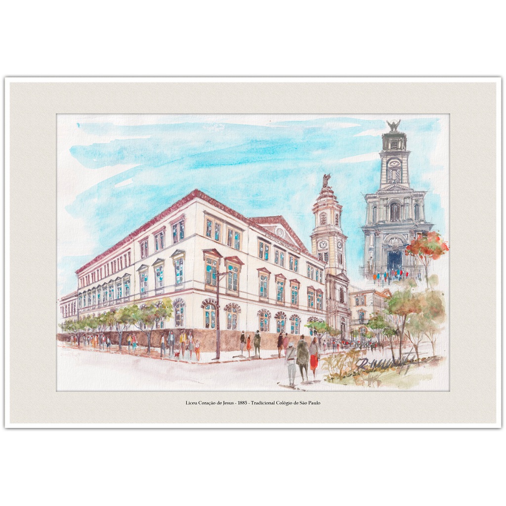 Liceu Coração de Jesus 1885 Tradicional Colégio de São Paulo | Arte Aquarela Quadro Decorativo A4