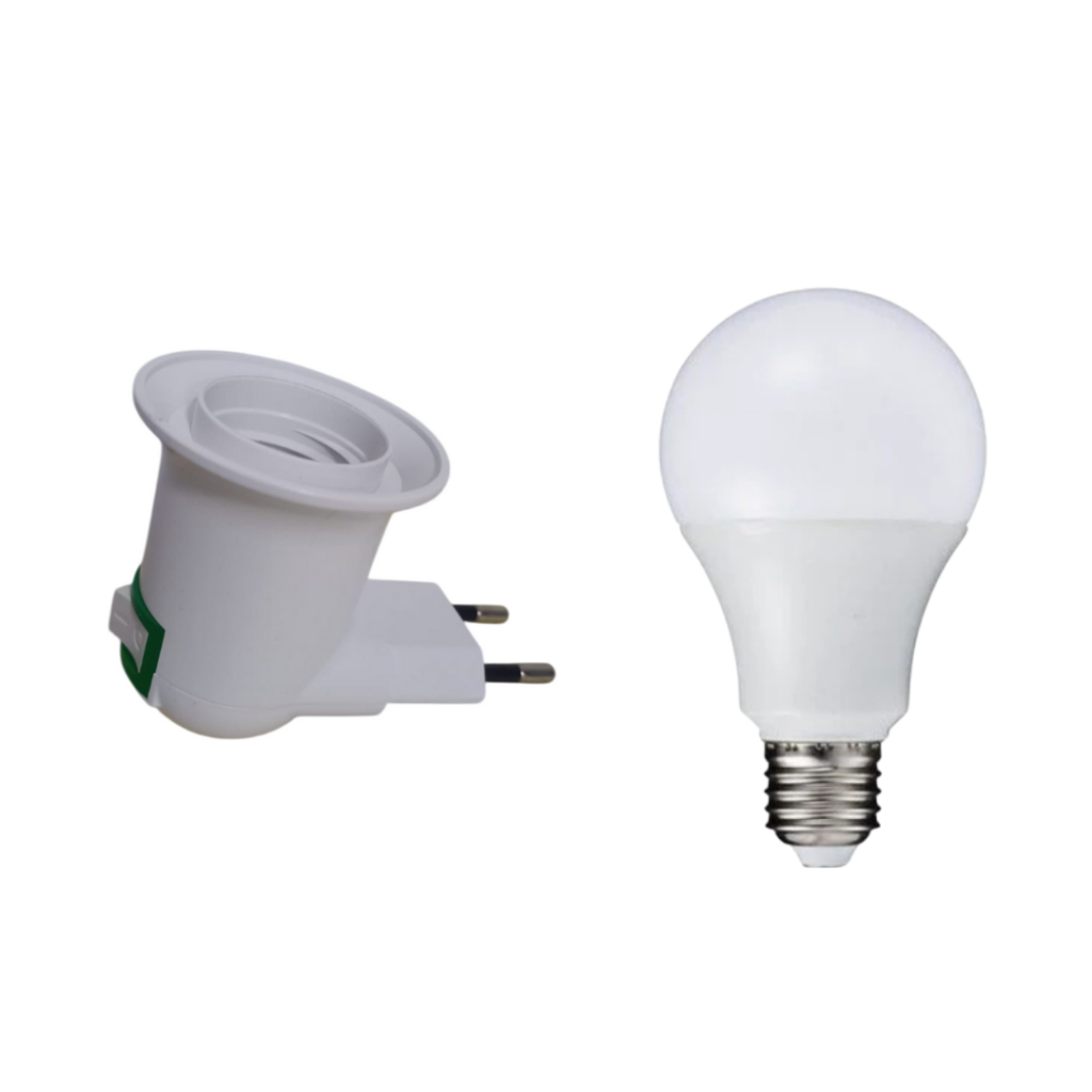 KIT ADAPTADOR C/ INTERRUPTOR PLUG X SOQUETE PLÁSTICO E27, COR: BRANCO + LAMP. LED BULBO BRANCO FRIO