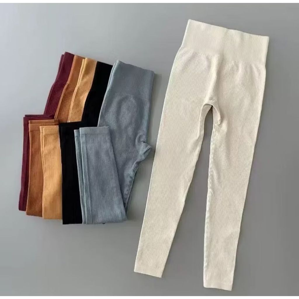 Calça Legging Canelada de Cintura Alta Sem Costura para Academia Feminina, Elástica e Fitness