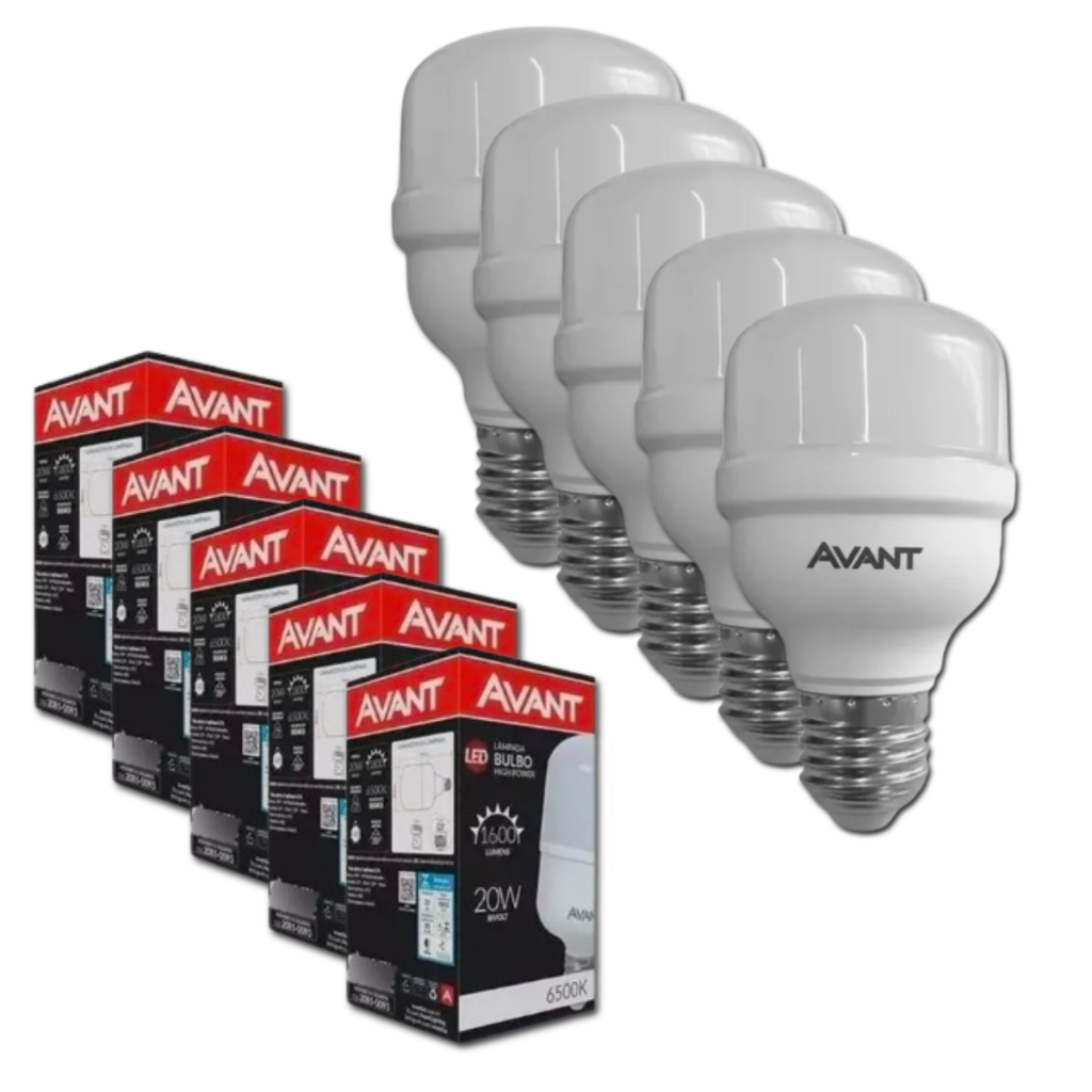 Kit 5 / 10  Lâmpadas Led Bulbo Alta Potência 20w 6500k Atacado Avant Luz Branca Bi-Volt110V/220V em Oferta na Shopee