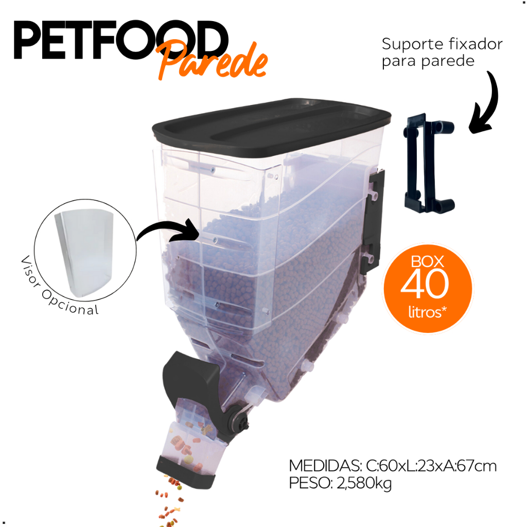 Galão Armazenador Ração Grãos Cereais Cães Cachorro Petshop Parede 40L - 16KG a 24KG