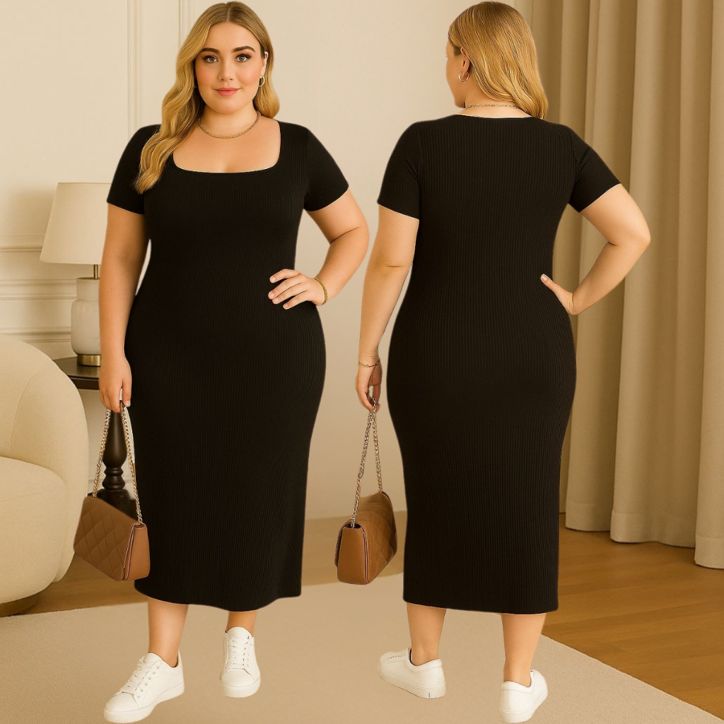 Vestido Feminino Plus Size Longo Elegante Casual Anarruga Decote Quadrado