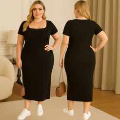 Vestido Feminino Plus Size Longo Elegante Casual Anarruga Decote Quadrado
