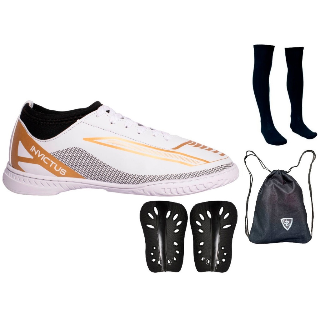 Chuteira Futsal Invictus Adulto Cano Médio Quadra Botinha Origial Uzze Meião Caneleira Mochila