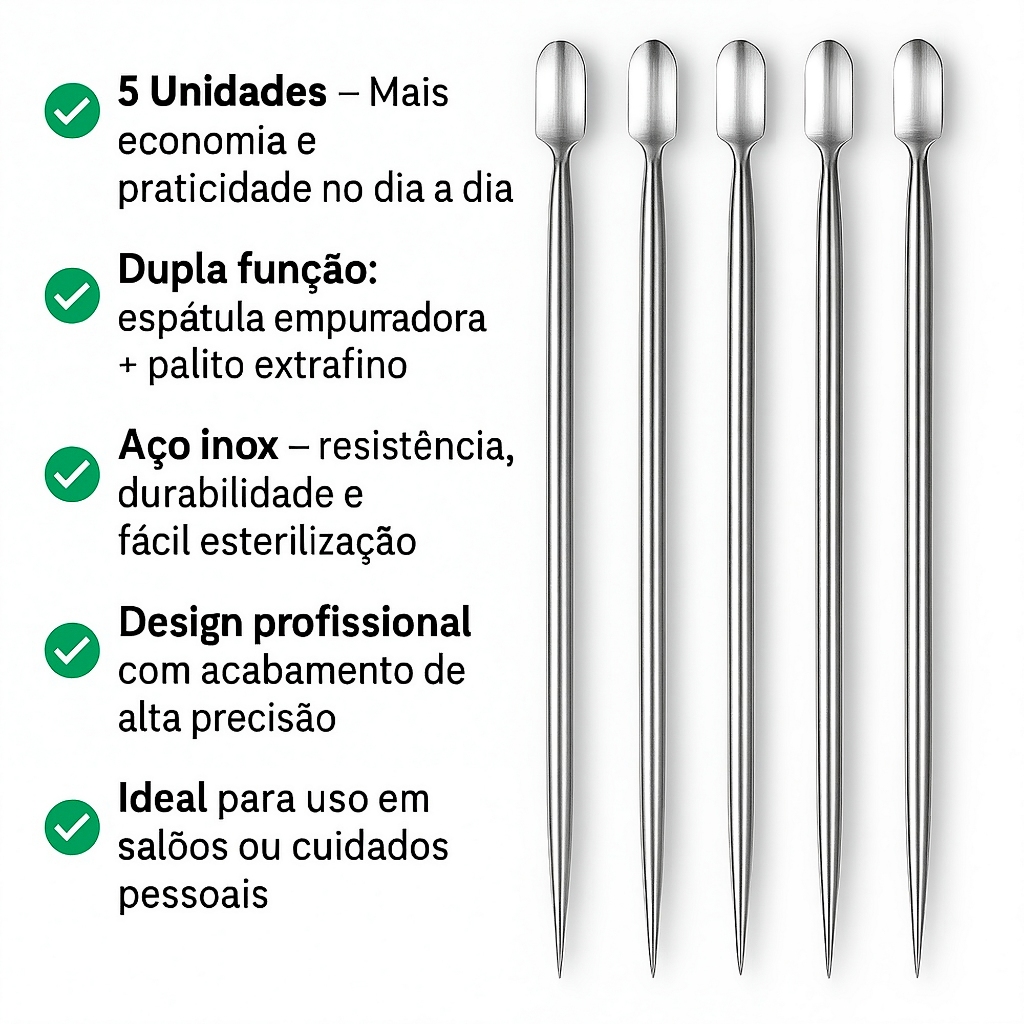 Kit Completo 5 Espátulas Mistas Inox Palito Duplo Raspador Cutícula Profissional Manicure Precisão