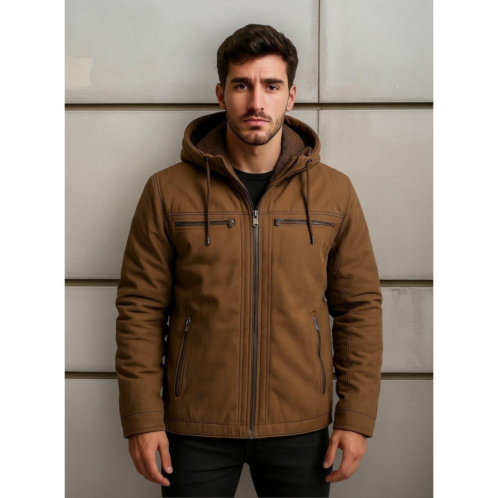 Jaqueta Masculina Sarja Forrada Com Pelo Capuz Inverno Removível Peluciada Outono Frio Top Inverno Outono