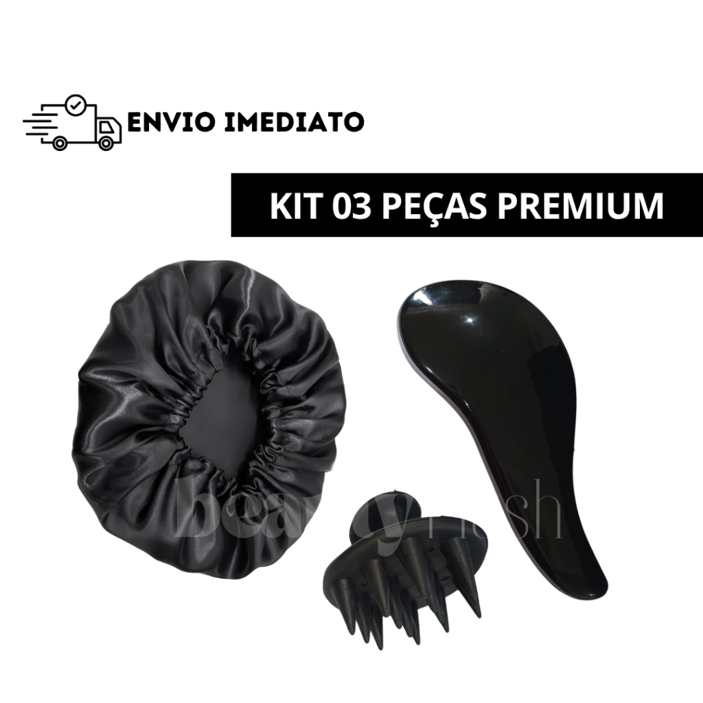 Kit 03 Peças Premium Escova Cabelo Mágica Massageador Silicone Touca Cetim (0...