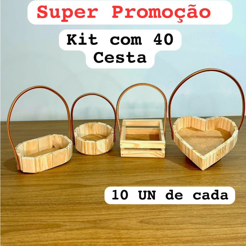 Kit Promocional 40 Cestas De Madeira Vazia Para presente Redonda, Oval, Quadrada e Coração
