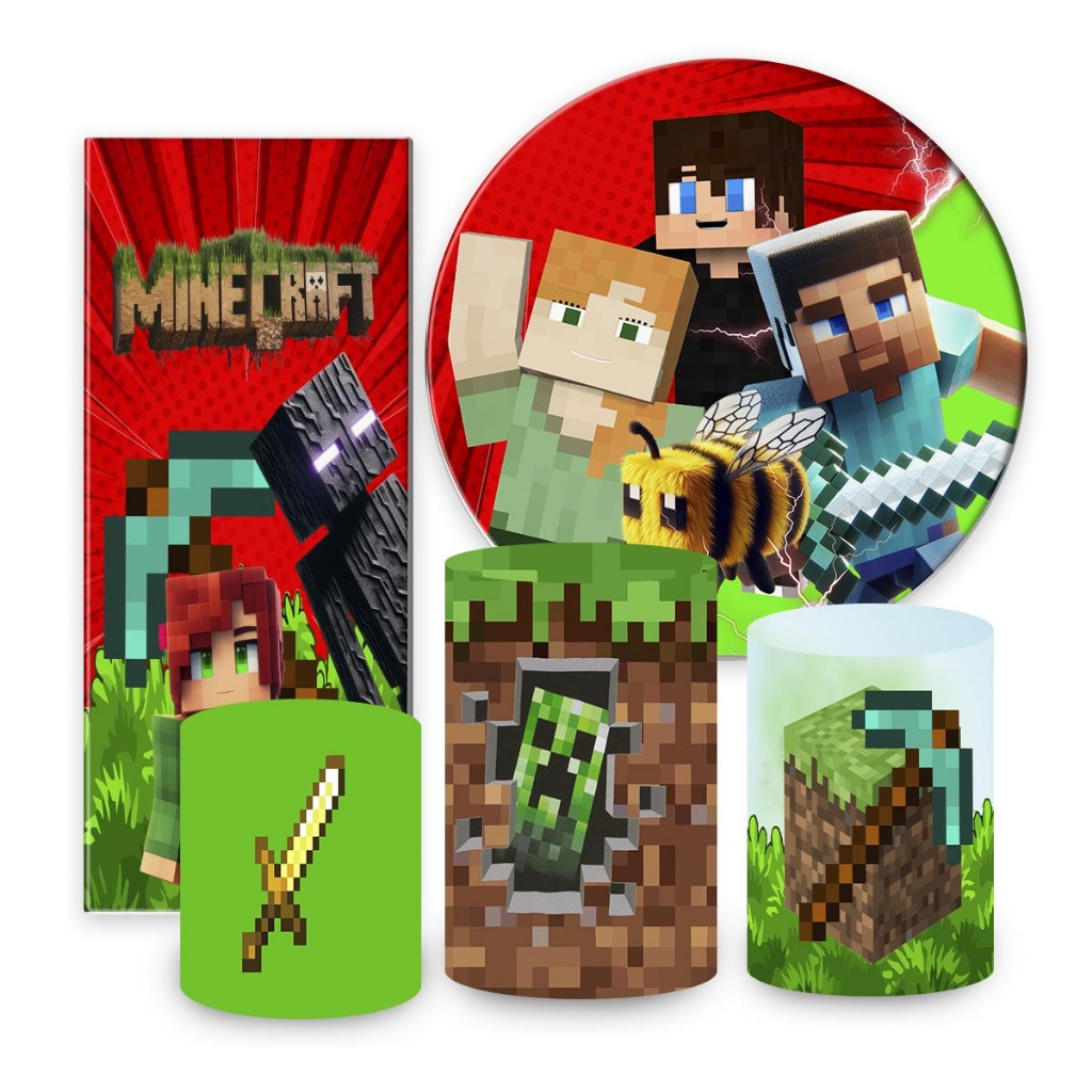 Capas decorativas de Festa Minecraft, Painel 1,50 Minecraft, Trio de Cilindro, Painel Redondo Minecraft, Portal