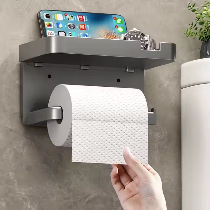 Suporte Papel Higiênico Premium Apoio Para Celular de Banheiro Fixo na Parede Sem Furos-Tong