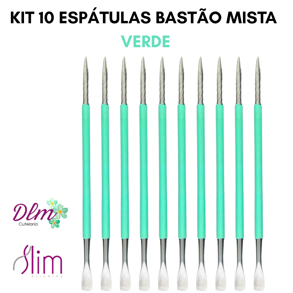 Kit 10 Espátulas Slim -  Bastão Mista VERDE Unha Inox Com Silicone Cutelaria Manicure em Oferta na Shopee