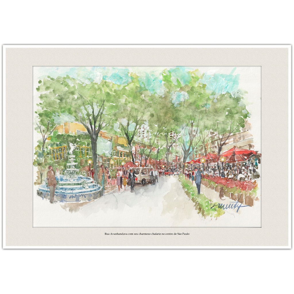 Rua Avanhandava e seu charmoso chafariz no centro de São Paulo | Arte Aquarela Quadro Decorativo A4