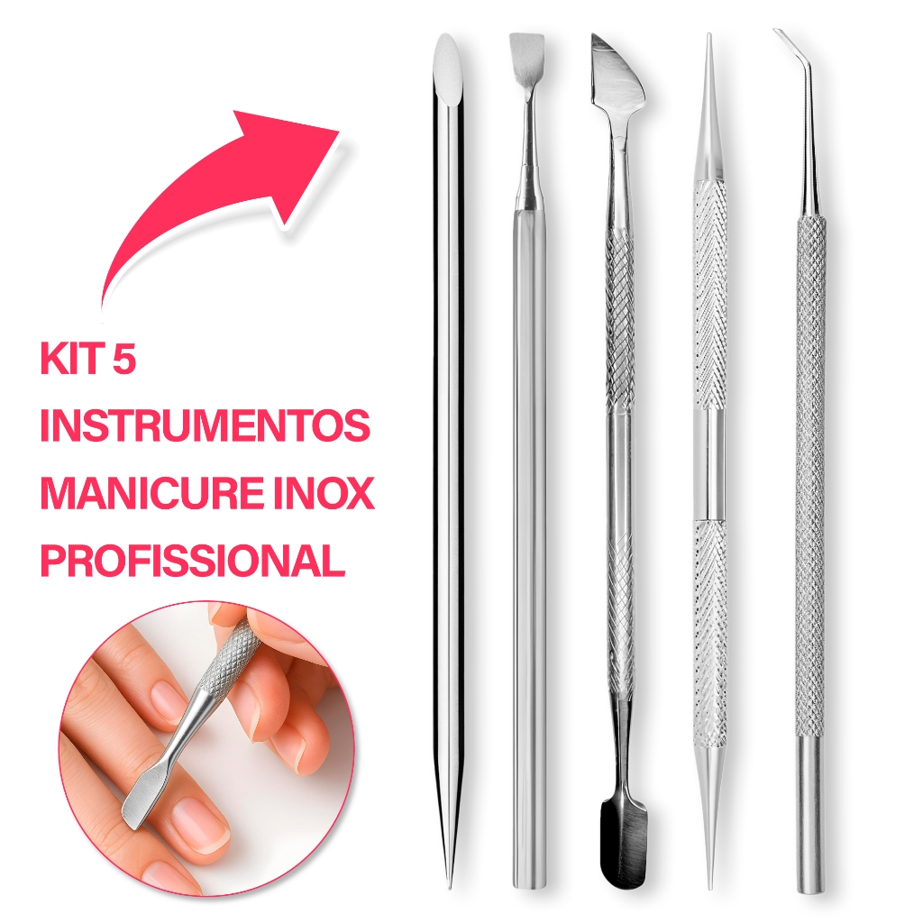 Kit Manicure Completo Profissional 5 Instrumento Inox Espátula Palito Raspador Desencravador Unhas