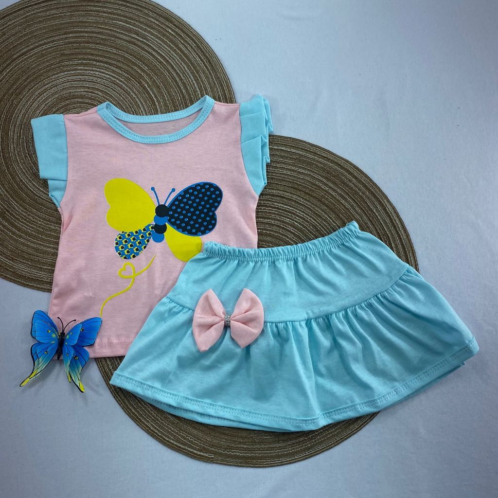 Conjunto Infantil Feminino Borboleta | Blusinha + Saia Rodada
