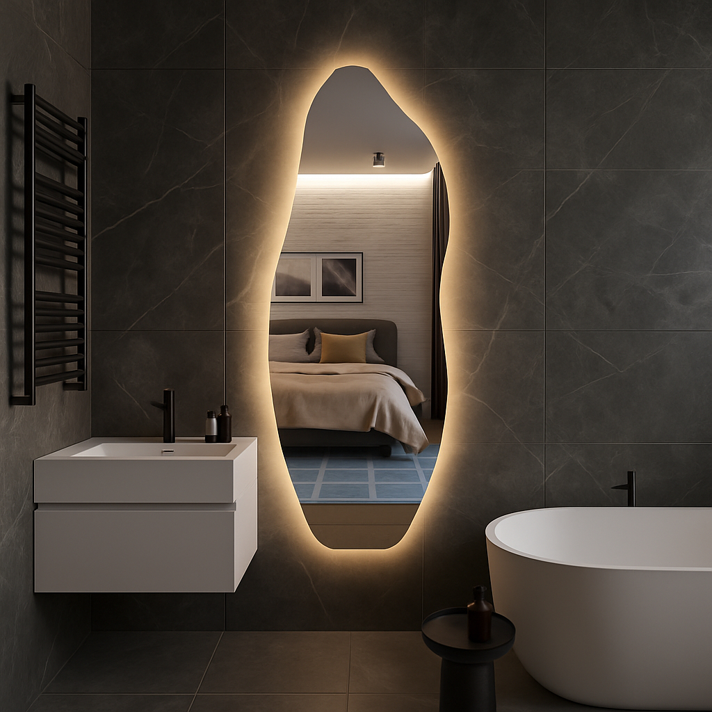 Espelho Orgânico Led 150cm 170cm Luz Branco e Luz Amarela Flame Quarto Sala Salão Loja